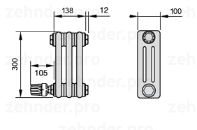 Схема (чертеж) Радиатор Zehnder Charleston 3030/3 №V003 Белый глянцевый RAL 9016